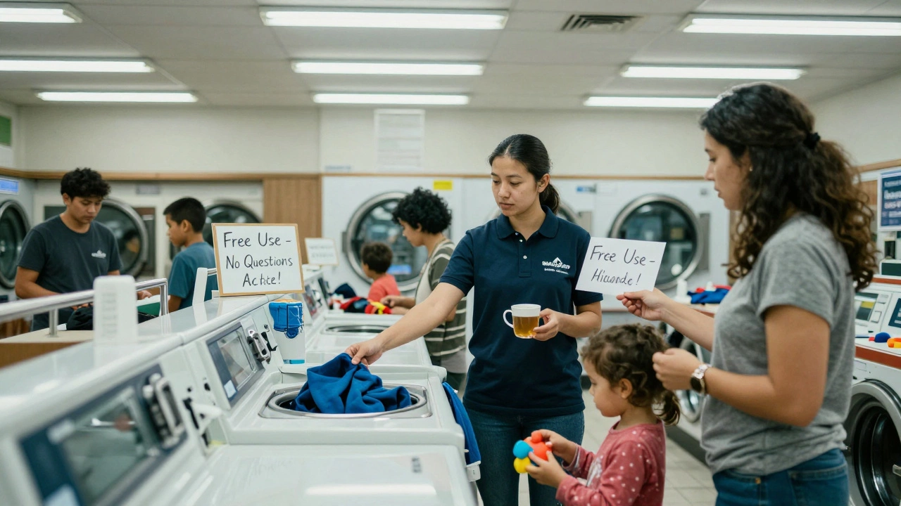 Families using a free laundry service at a local laundromat, with a volunteer offering tea and no forms required.