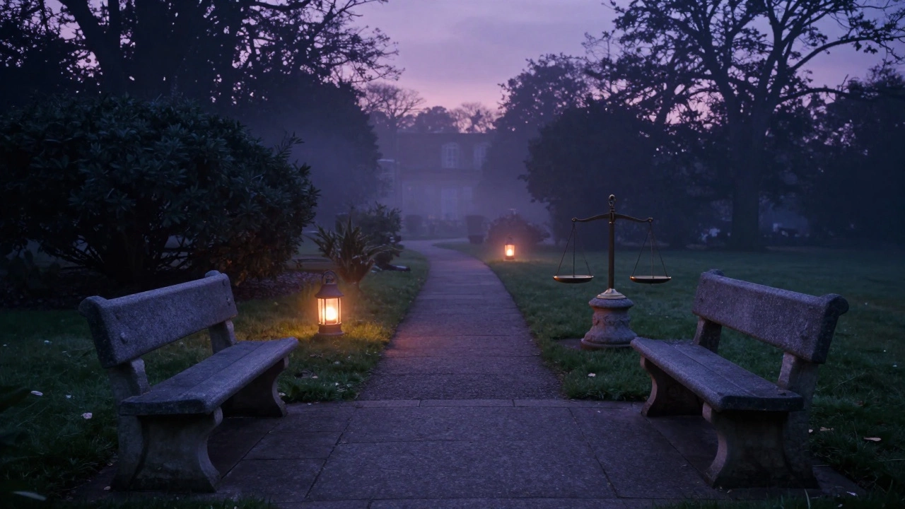 Garden path with balanced scales symbolizing legacy.