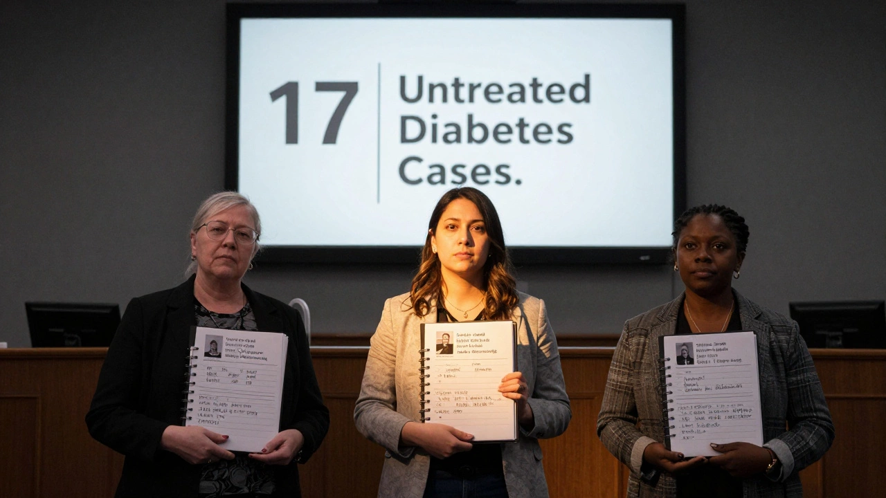 Outreach workers stand with stories of unmet health needs outside a city council building at night.