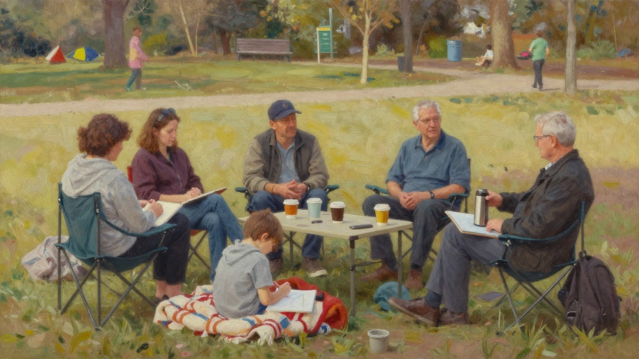 People gathering peacefully in a park on Saturday morning with coffee and blankets, no agenda, just presence.