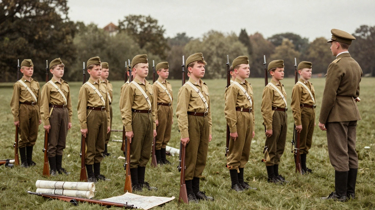 Vintage photo of uniformed boys practicing military drills
