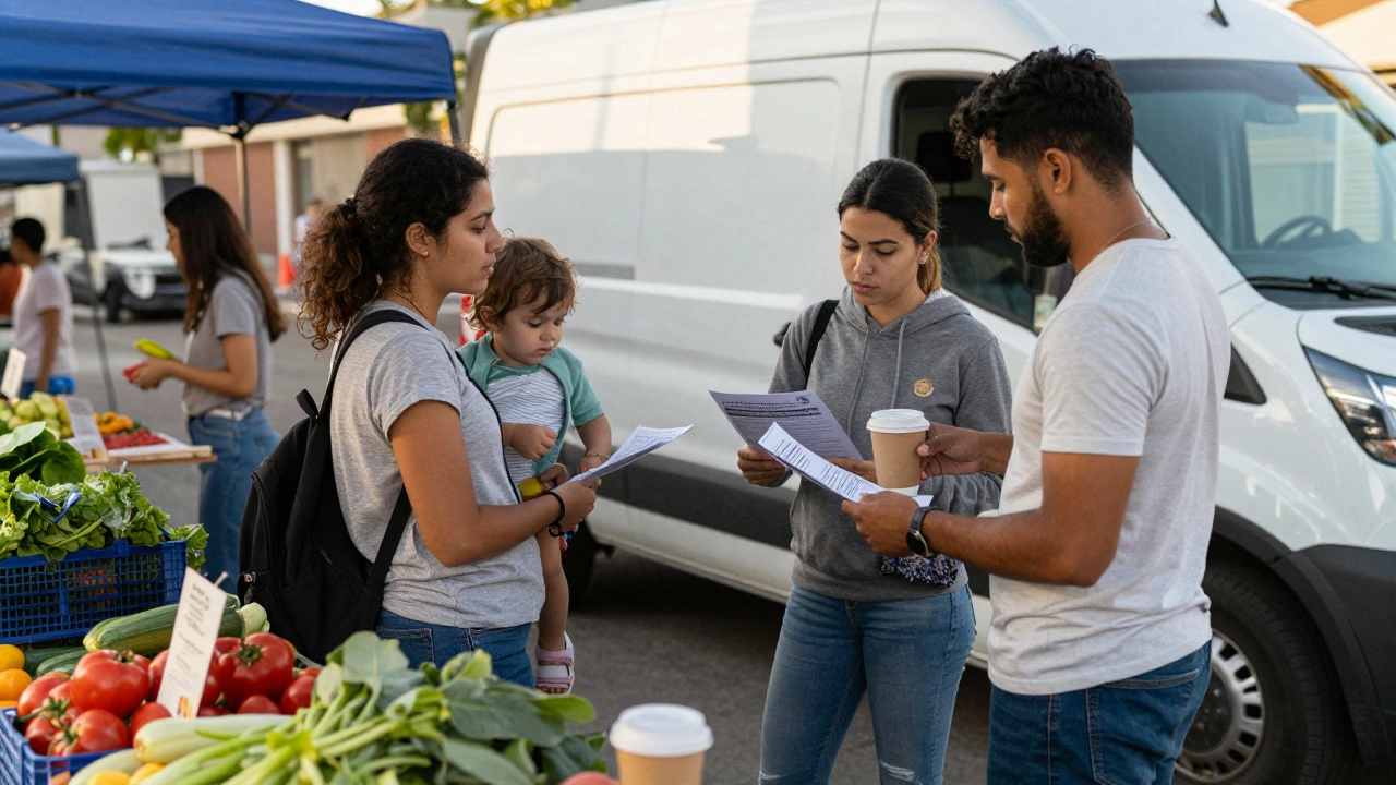 Volunteers at a farmers market help a mother sign up for food assistance from a mobile van.