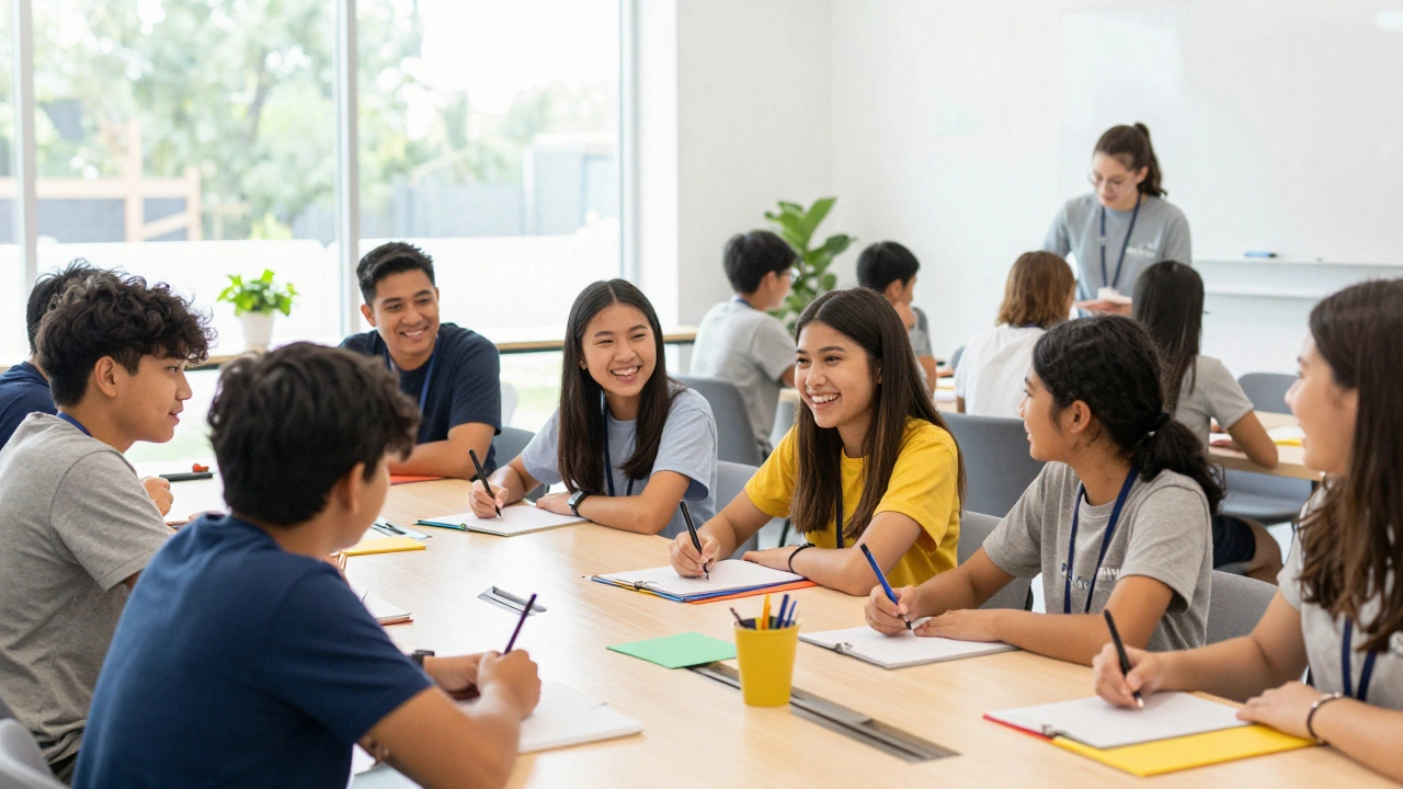 Volunteers mentoring teenagers in a bright modern center