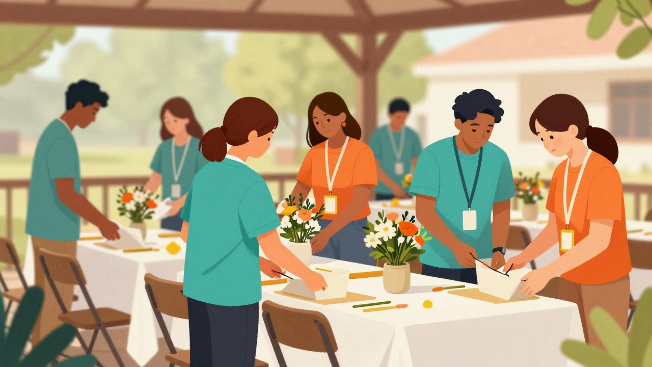 Volunteers setting up chairs and decorations for a community gathering.