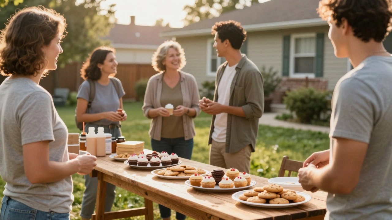 A cozy neighborhood bake sale with homemade treats on a table in a sunny garden.
