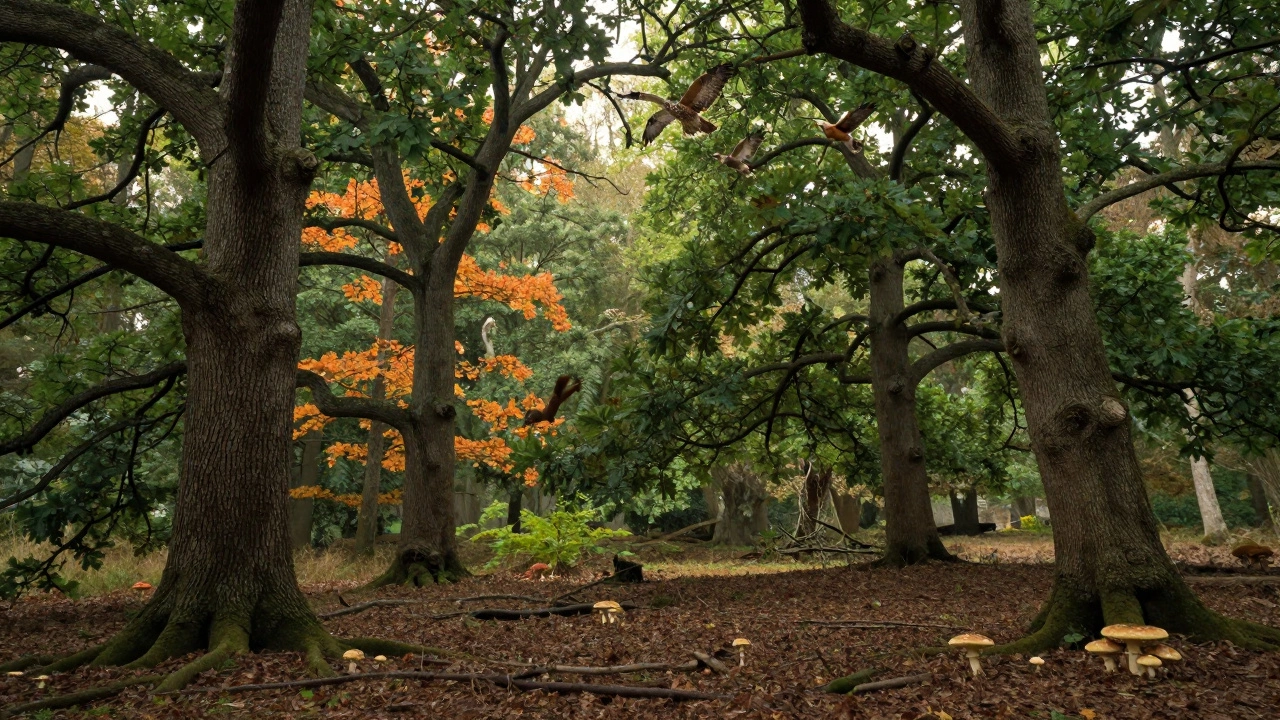 A diverse forest community with trees, squirrels, hawks, and fungi interacting.