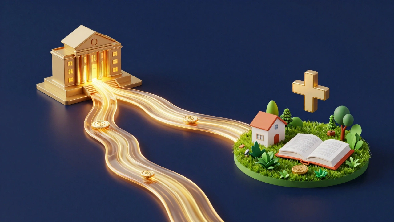 Conceptual golden light flowing from a building toward a home and charitable symbols.