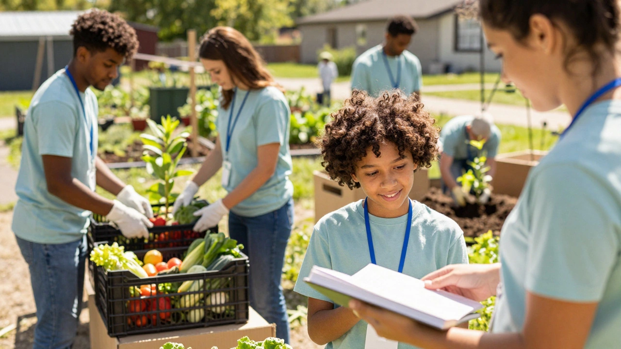 Diverse volunteers tutoring a child and organizing a food bank in a sunny community space.