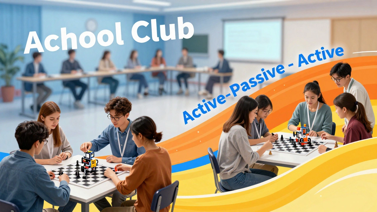 Dynamic scene of students engaging in active club activities and collaboration