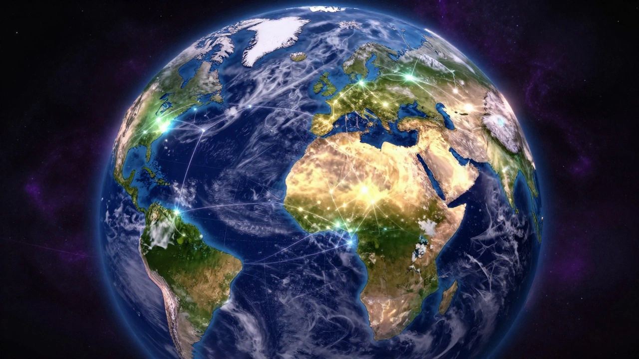 Planet Earth viewed from space with glowing networks connecting all global ecosystems.