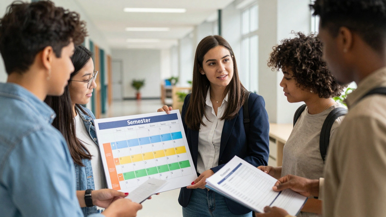 Students presenting a project calendar and budget to their teacher advisor