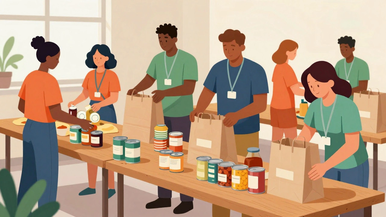 Volunteers sorting canned food and packing bags at a community food bank.