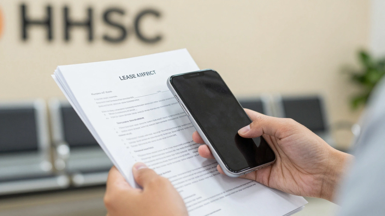 Close-up of hands holding application documents and phone at a help center