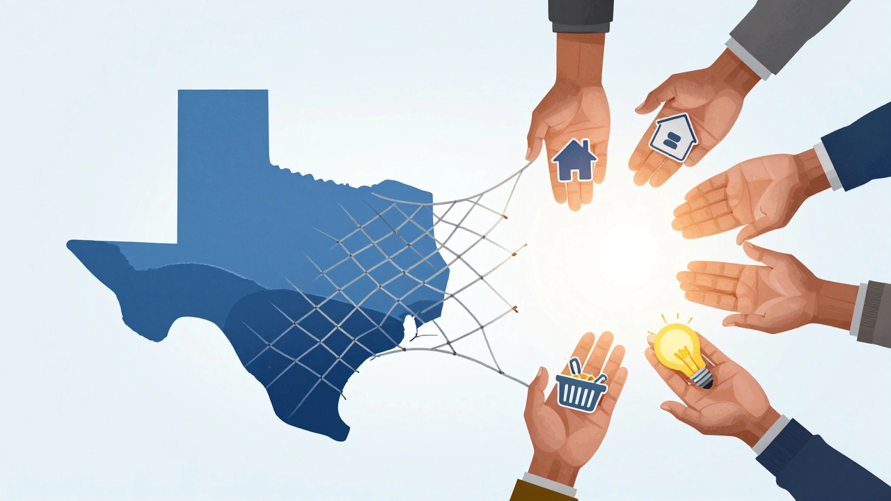 Conceptual art showing community hands supporting a broken safety net in Texas