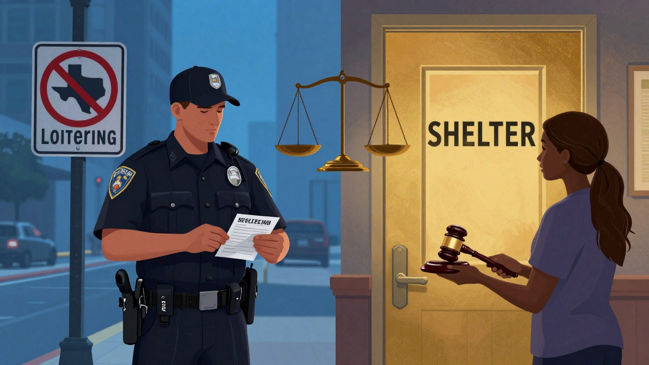 Conceptual art showing police enforcement versus shelter support for homelessness