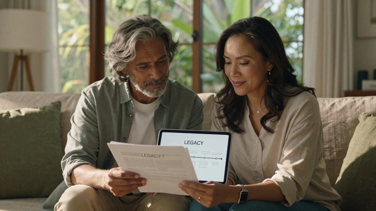 Couple reviewing estate planning documents in a sunny, peaceful home setting