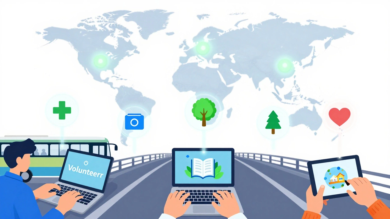 Digital illustration connecting volunteers via tech to global non-profit causes.