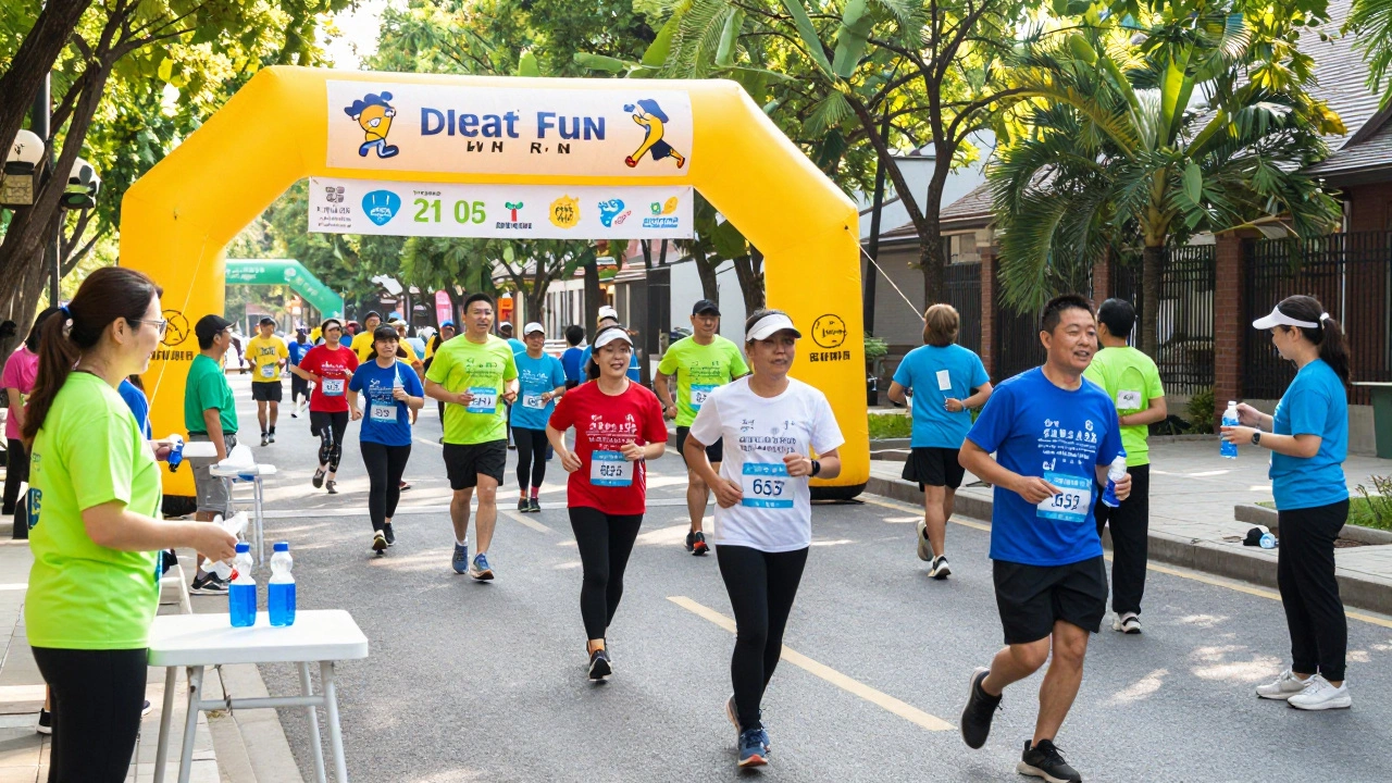 Diverse crowd participating in a sunny outdoor charity fun run.