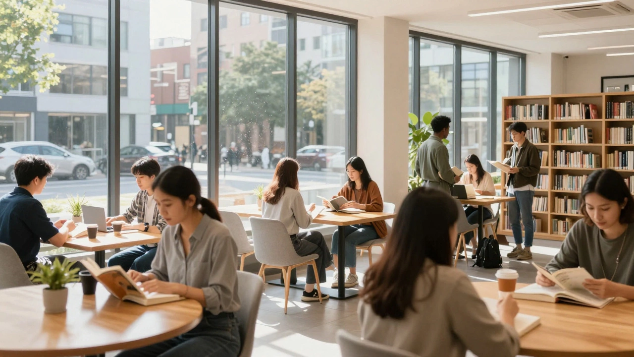 Diverse people socializing and reading in a sunny library