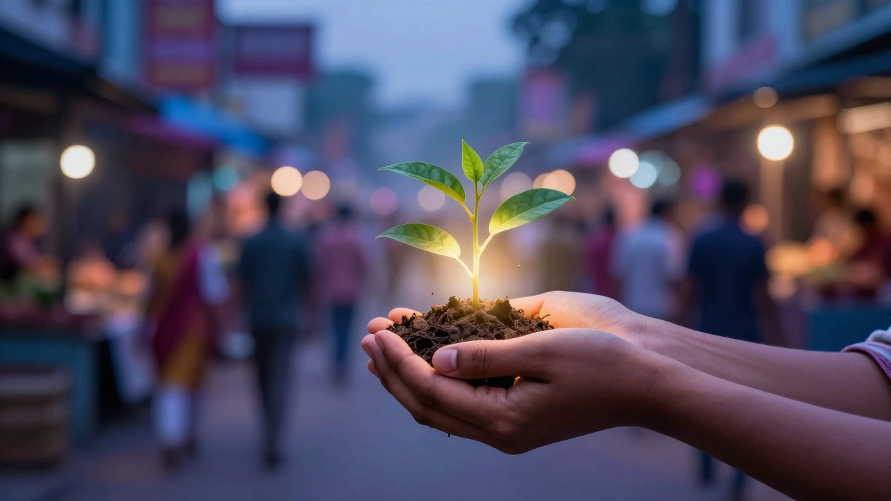 Hands passing a glowing plant symbolizing charity impact and growth