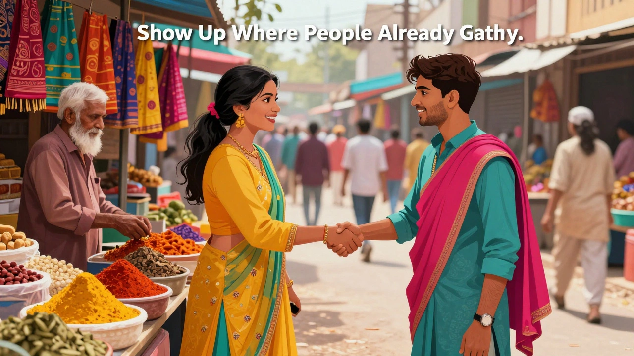 Outreach worker connecting with locals at a vibrant Indian market