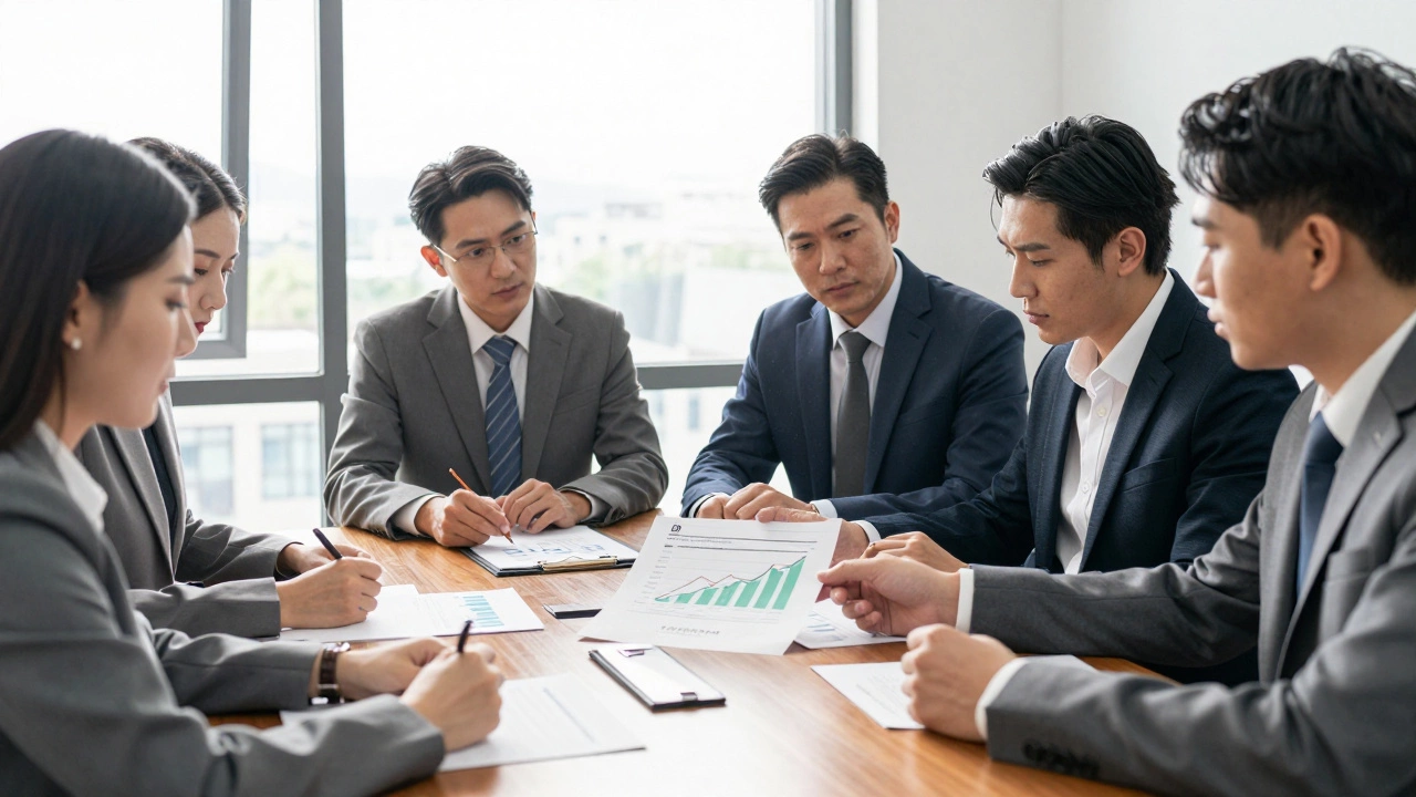 Professional trustees reviewing financial documents in a bright, modern conference room