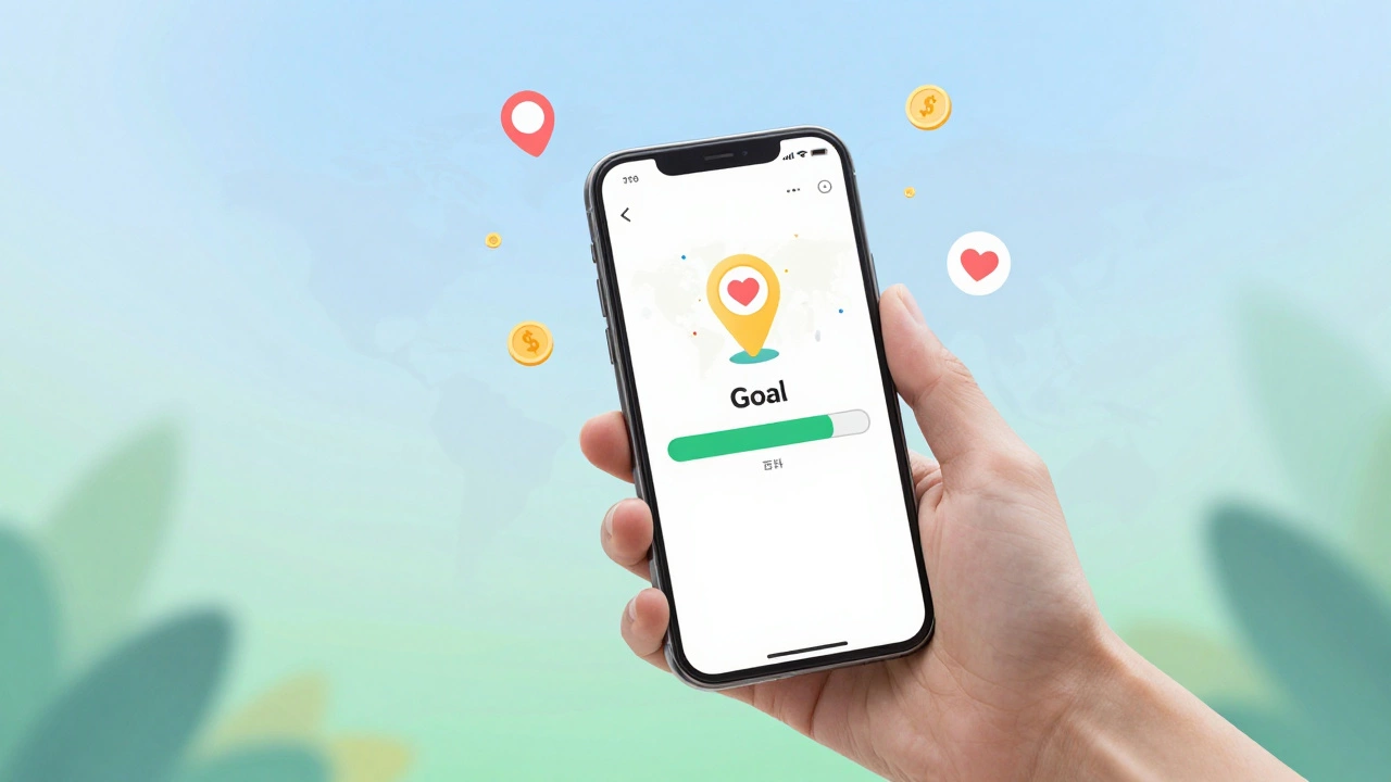 Smartphone displaying a crowdfunding app with global connection icons.