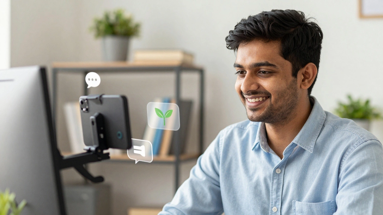 Smiling volunteer on video call, showing human connection in remote service.