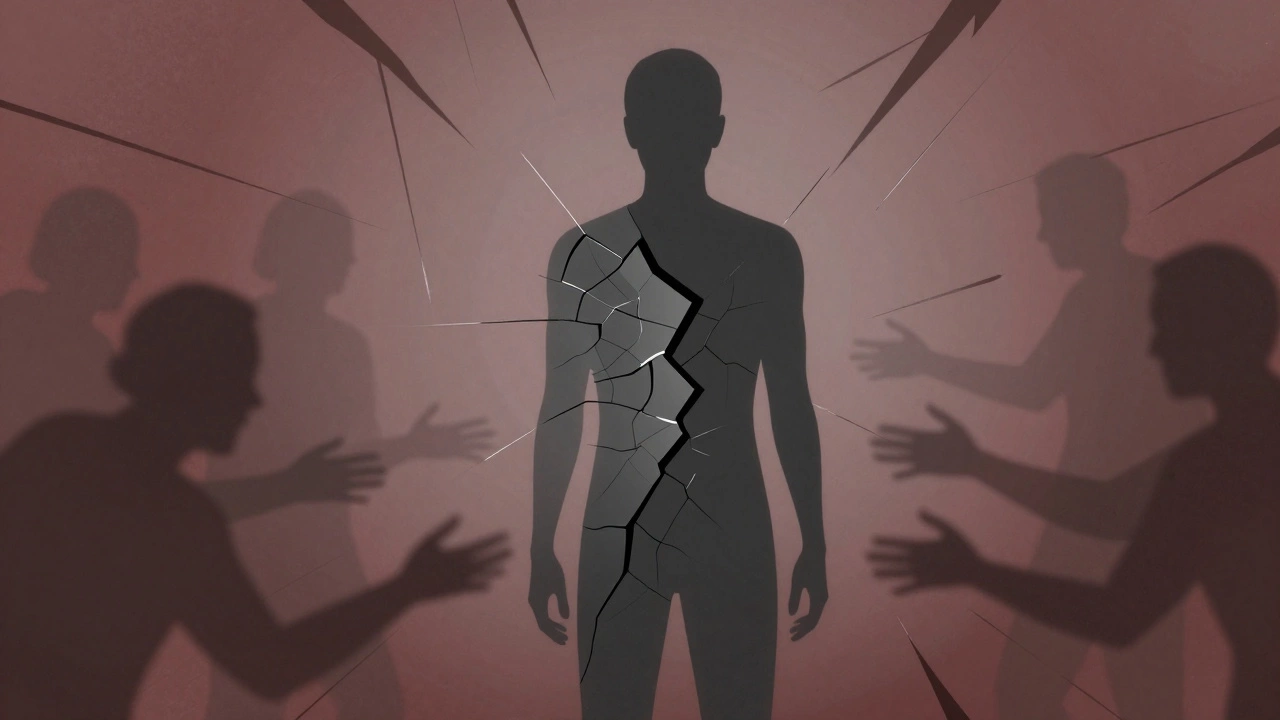 Surreal illustration of a fragmented figure showing emotional burnout