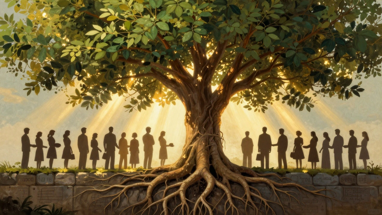 Symbolic tree with deep roots and golden canopy representing long-term charitable impact
