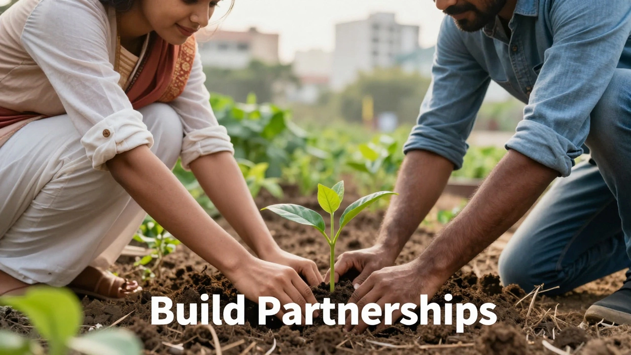 Two people planting a tree together symbolizing community partnership