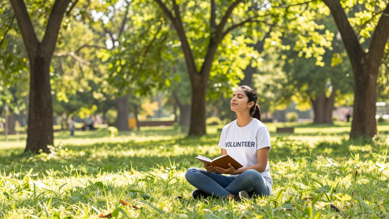 Volunteer meditating peacefully in a sunny green park for self-care