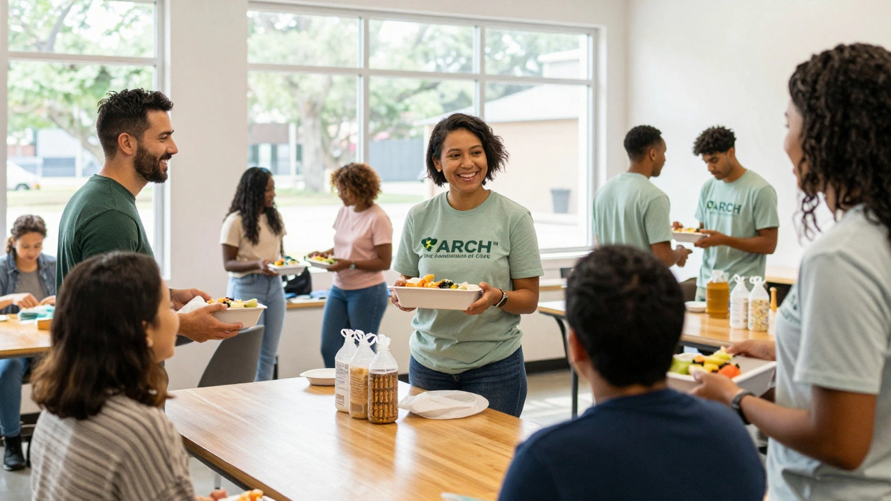 Volunteers serving meals at a bright, welcoming community resource center
