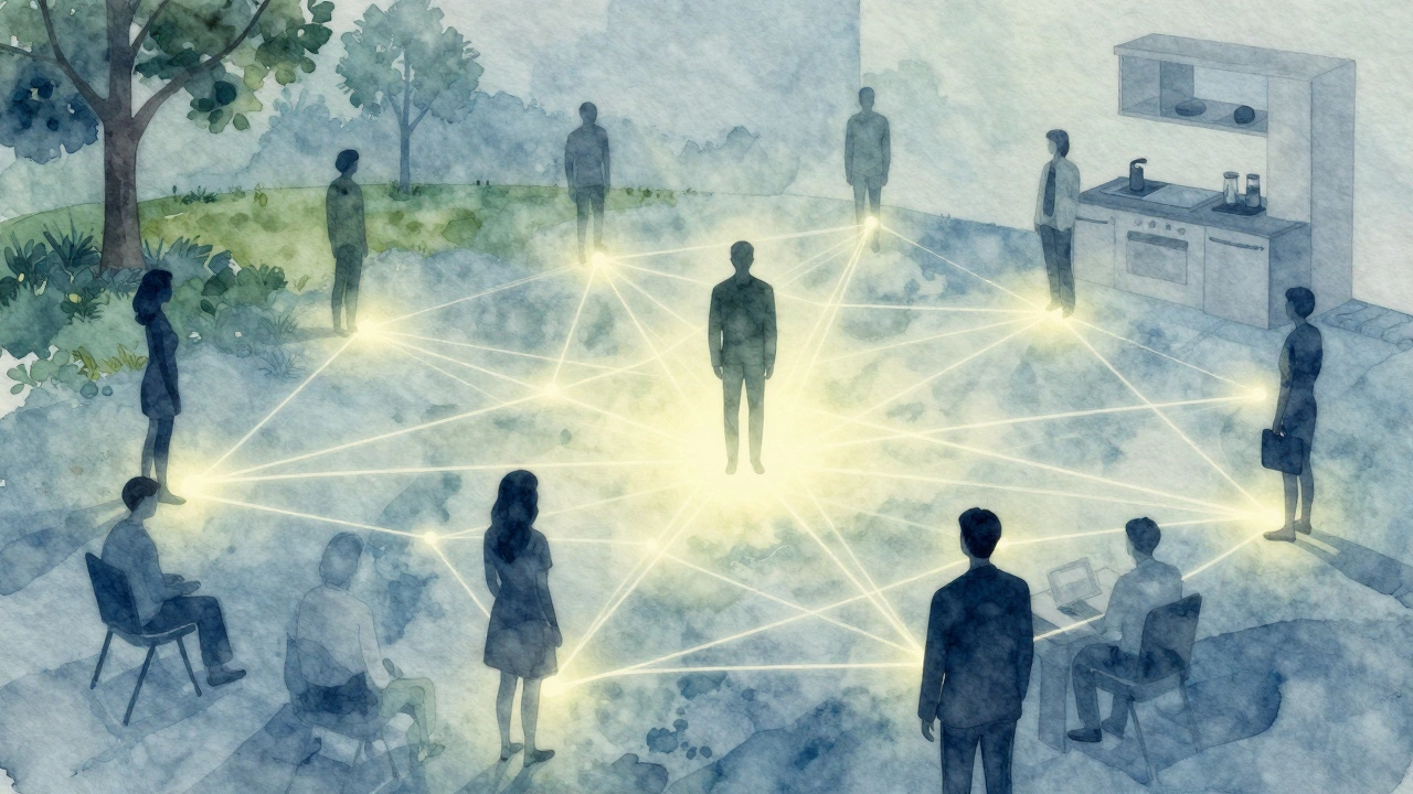 Watercolor art showing a person connected to others by light
