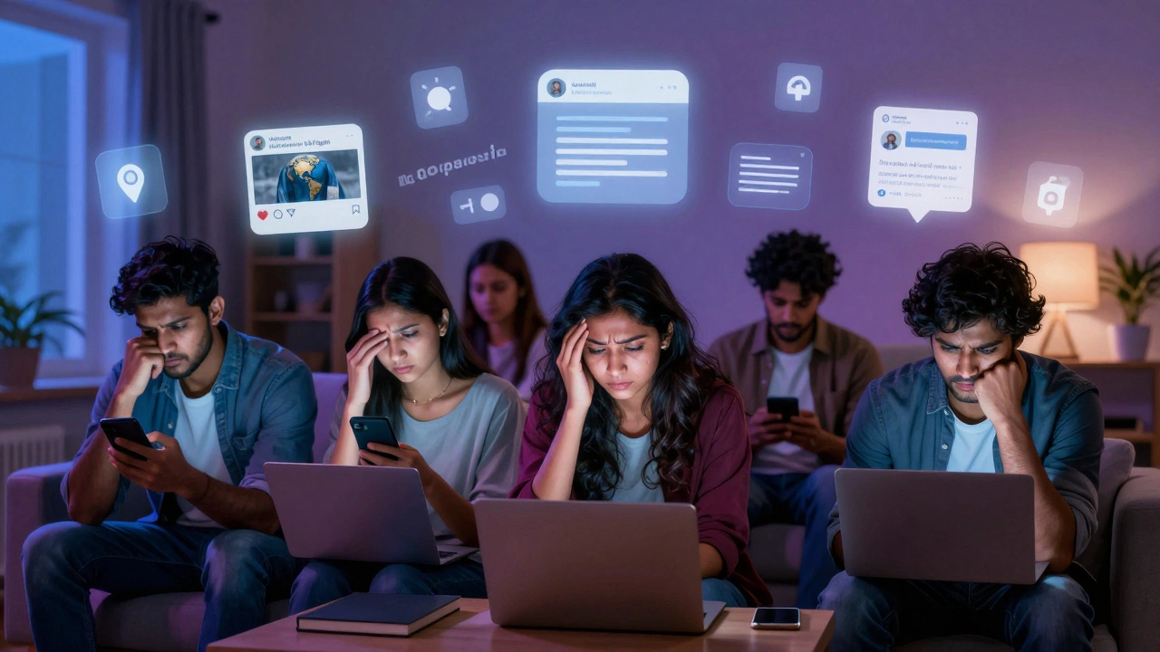 Young people glowing from phone screens, overwhelmed by digital news and activism