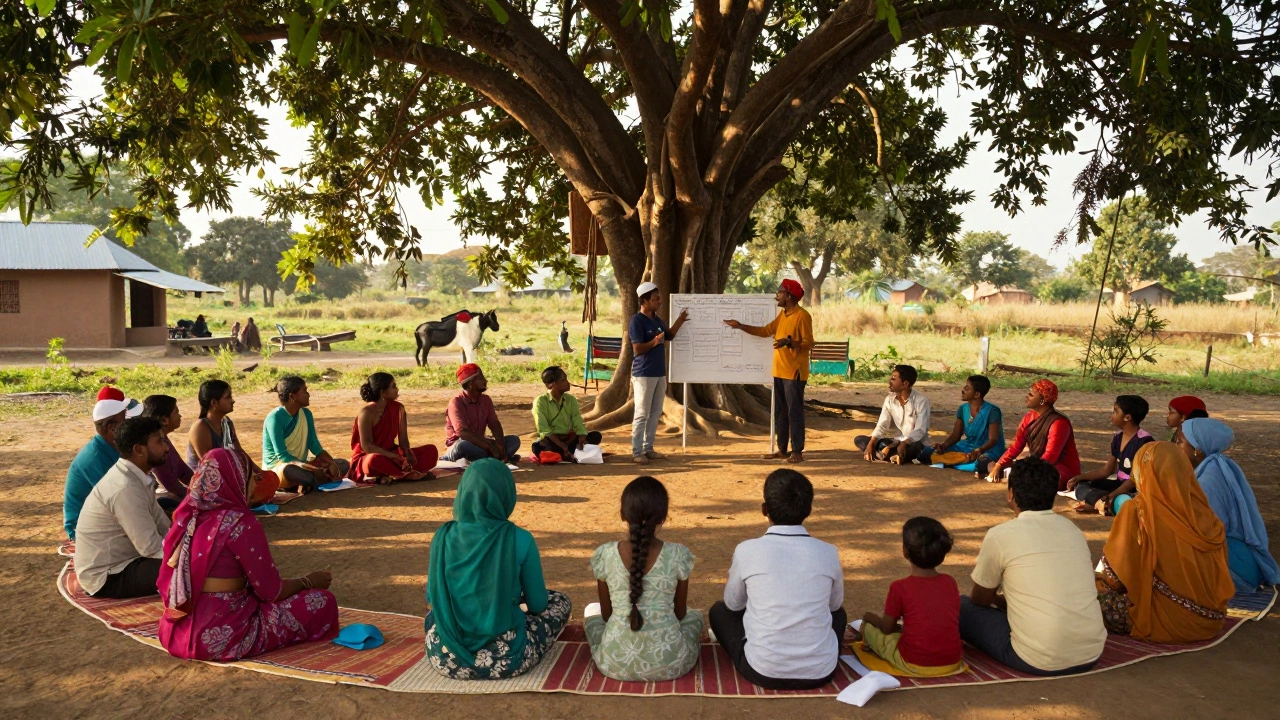 Community workshop under a tree in a rural Indian village