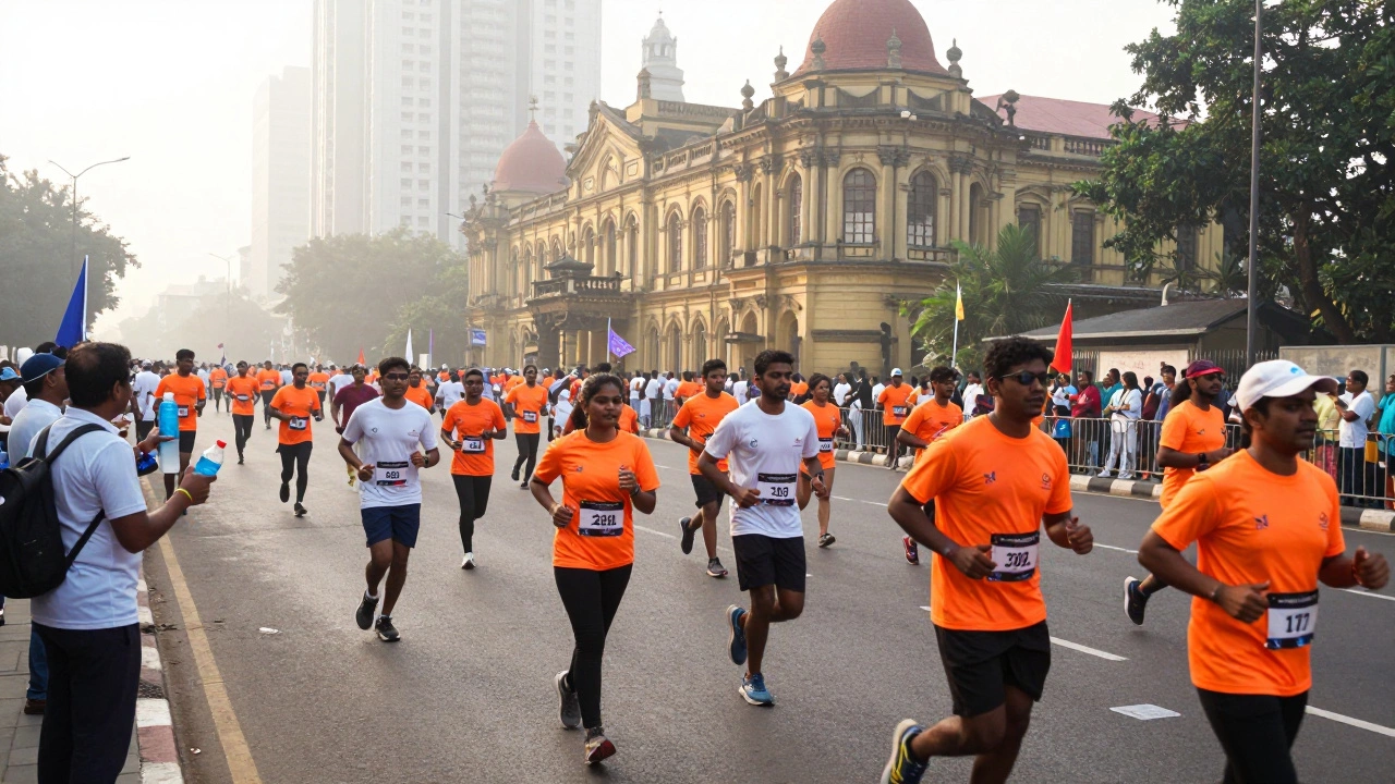Crowd participating in a colorful charity marathon in a city