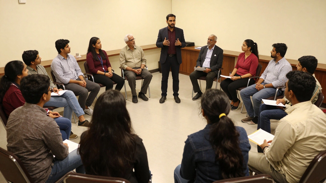 Diverse community members collaborating in a town hall meeting