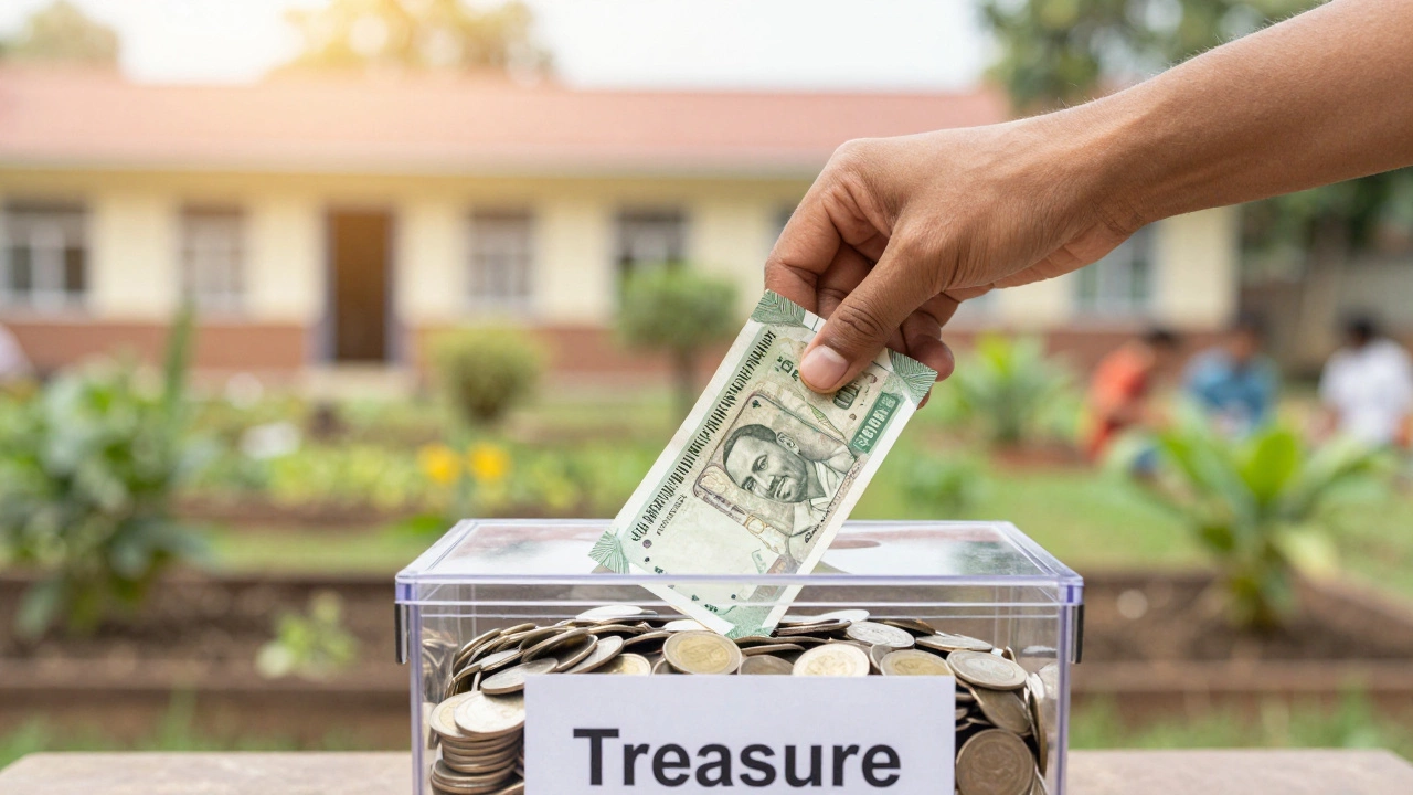 Hand donating rupees to a clear box, symbolizing financial support for charity