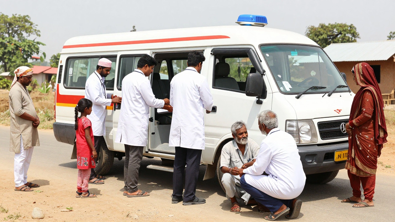 Mobile clinic team assisting villagers on a rural Indian road