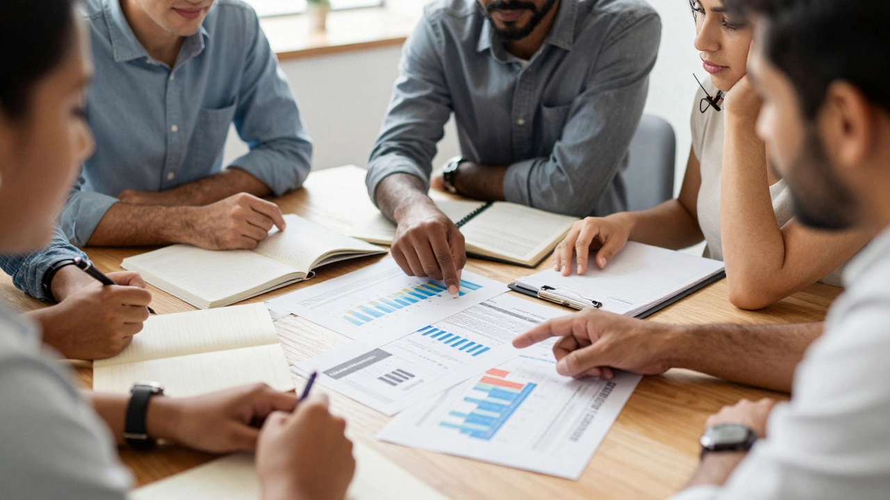 Nonprofit team analyzing event data and plans in an office