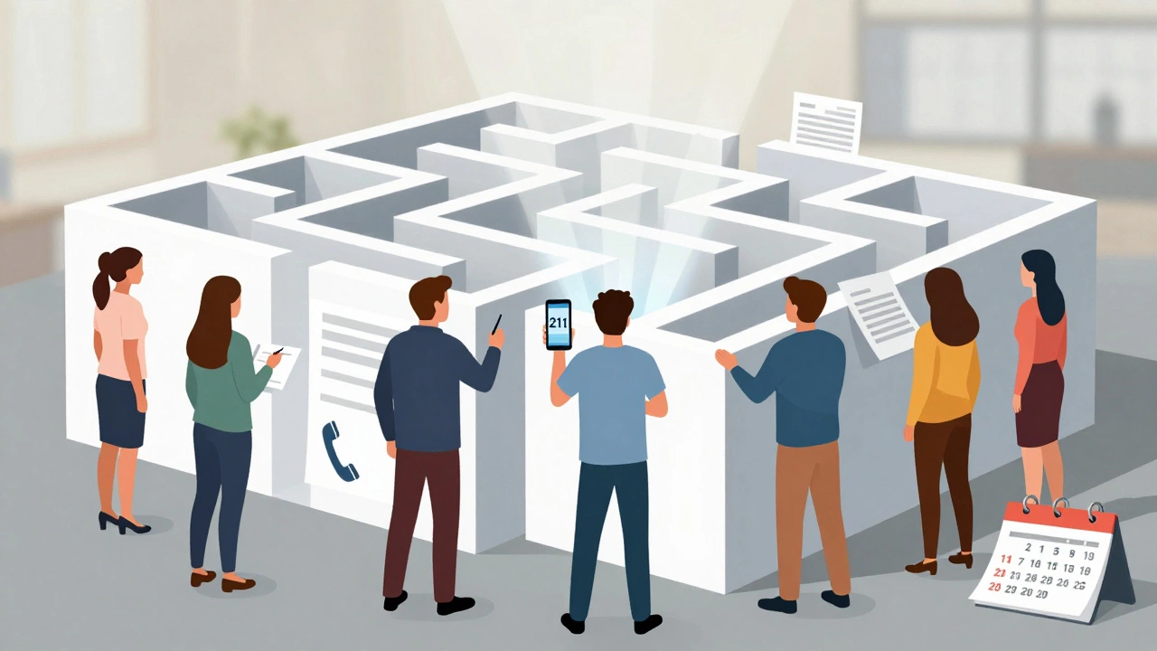 People navigating a maze of paperwork and service resources