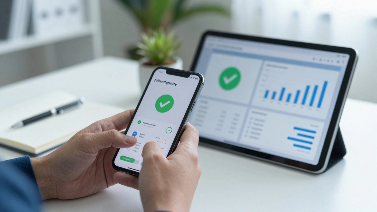 Person researching charity ratings on tablet and smartphone