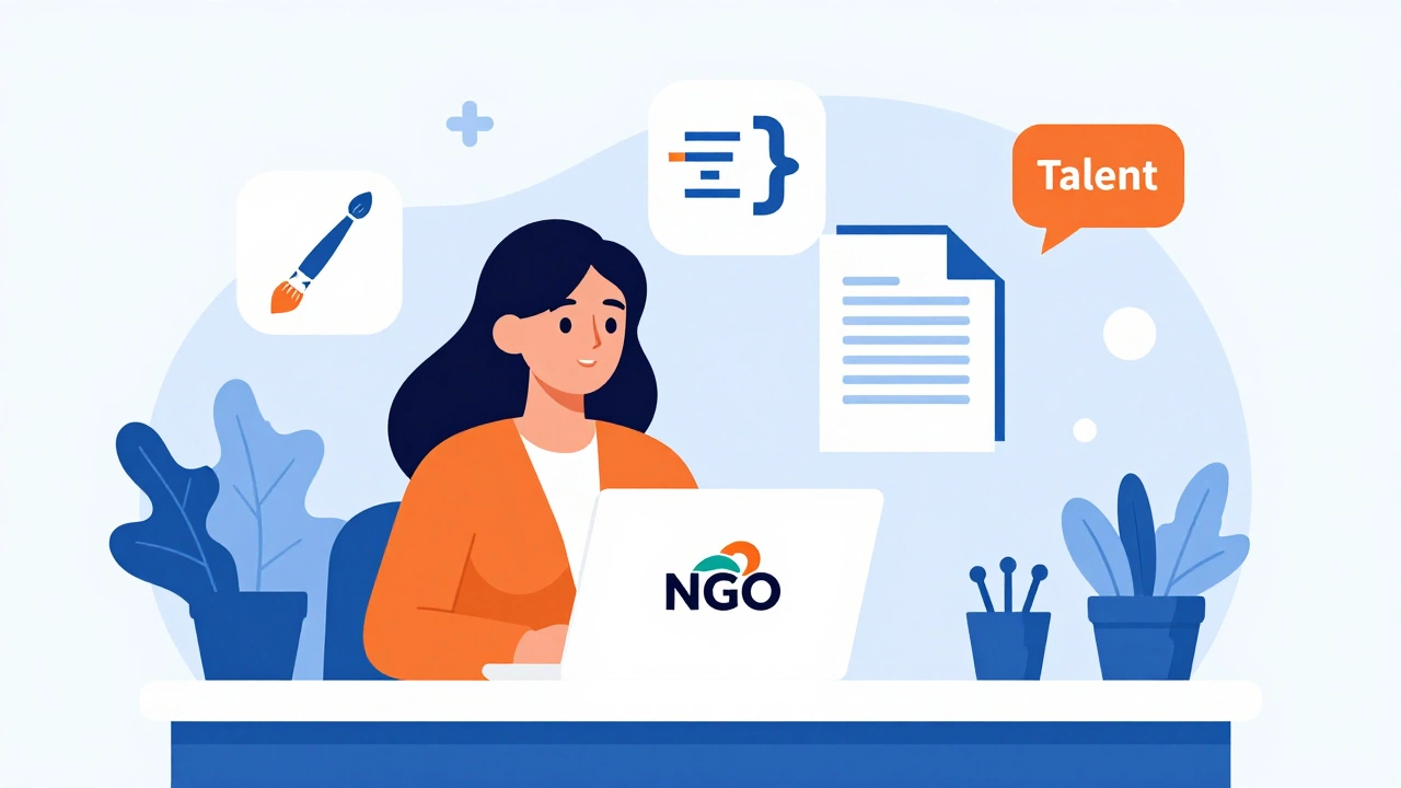 Professional designing NGO logo on laptop, representing skills-based volunteering