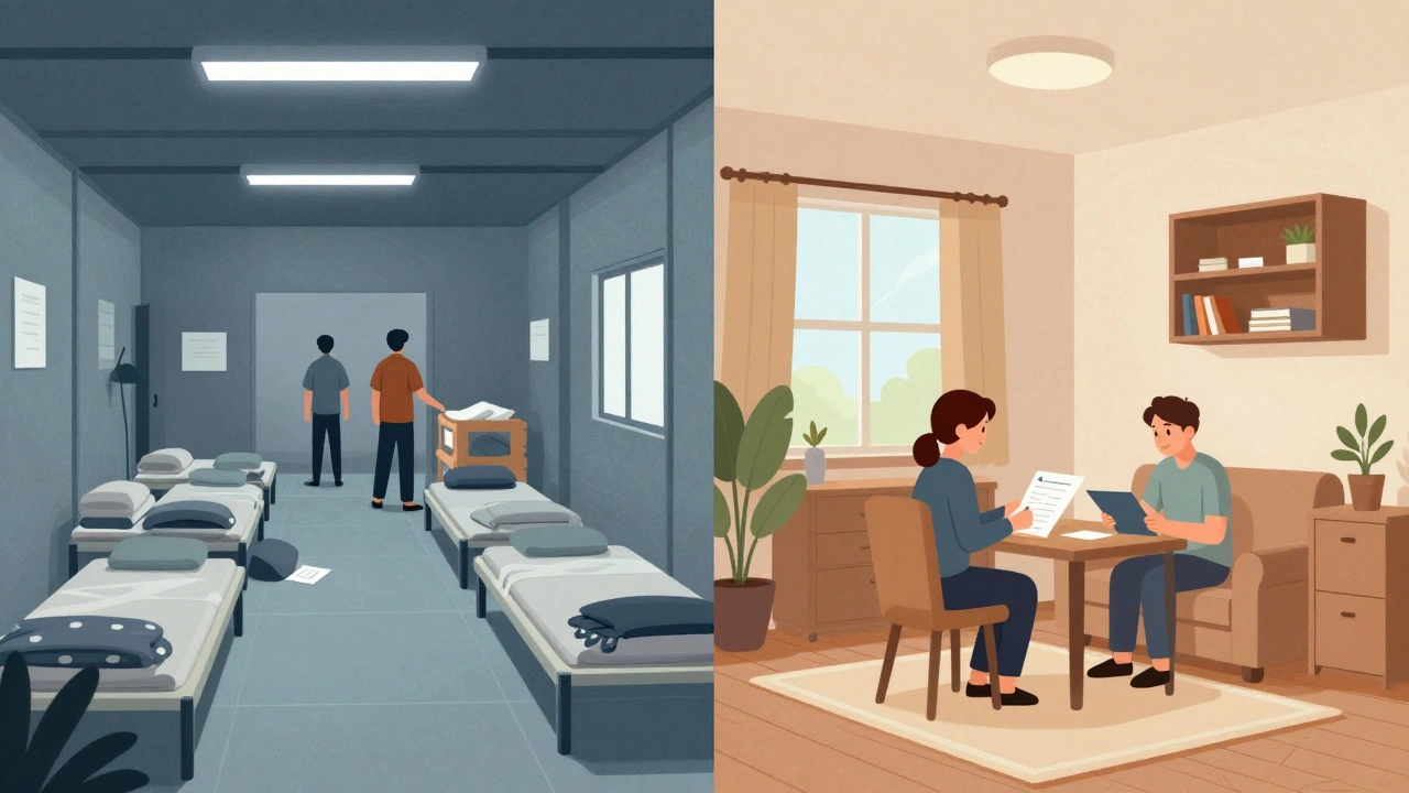 Split view of chaotic emergency shelter vs calm transitional housing