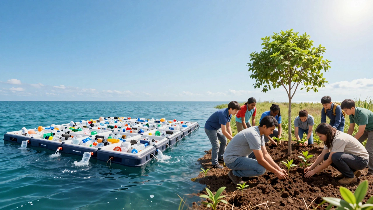 Split view of ocean plastic cleanup system and volunteers planting trees