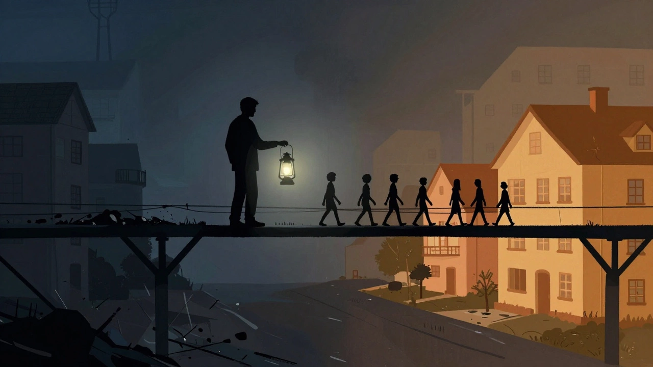 Symbolic bridge connecting crisis to resources with a worker