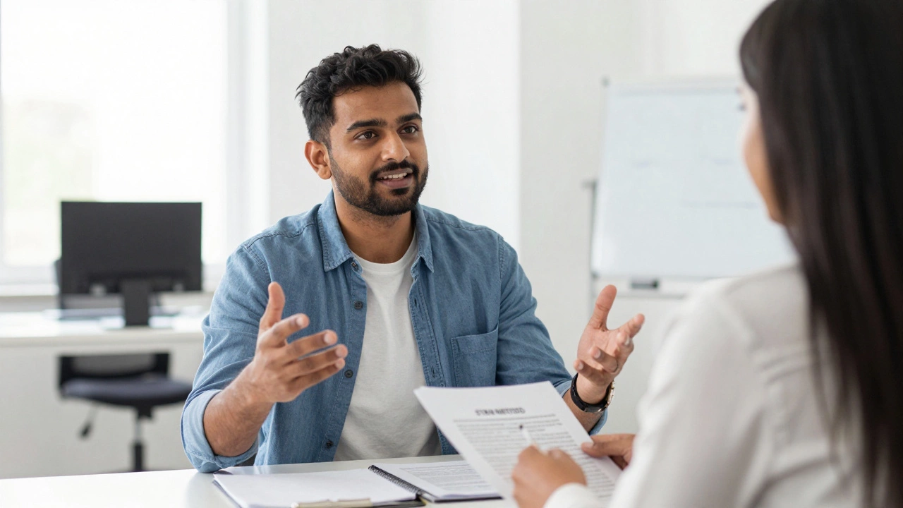Candidate confidently discussing skills during job interview
