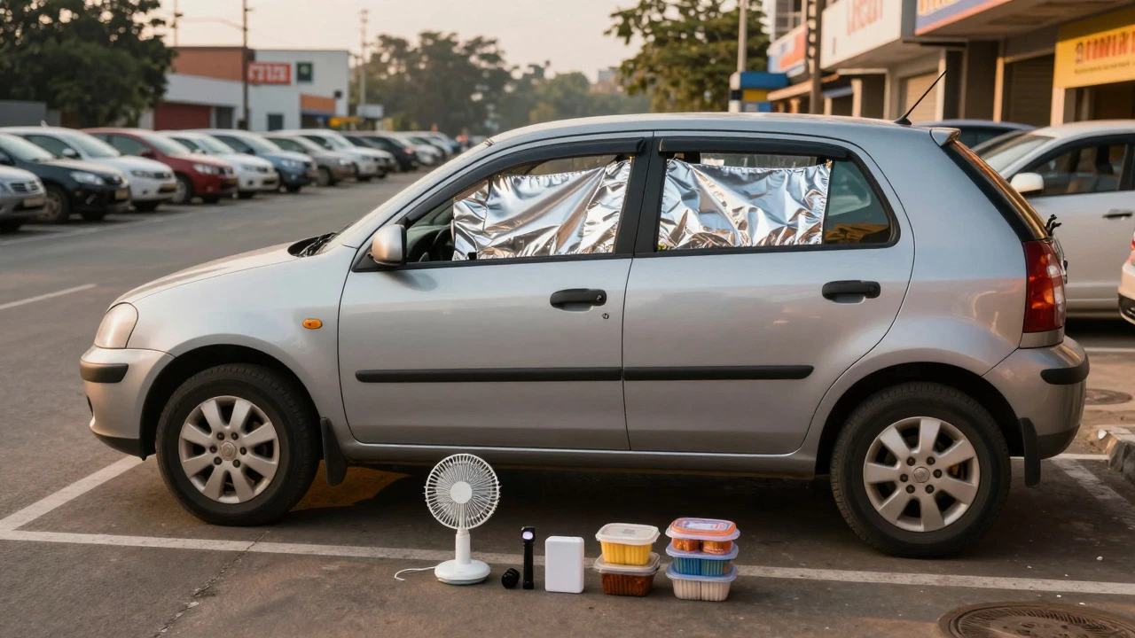 Car parked in safe lot with privacy covers and survival gear