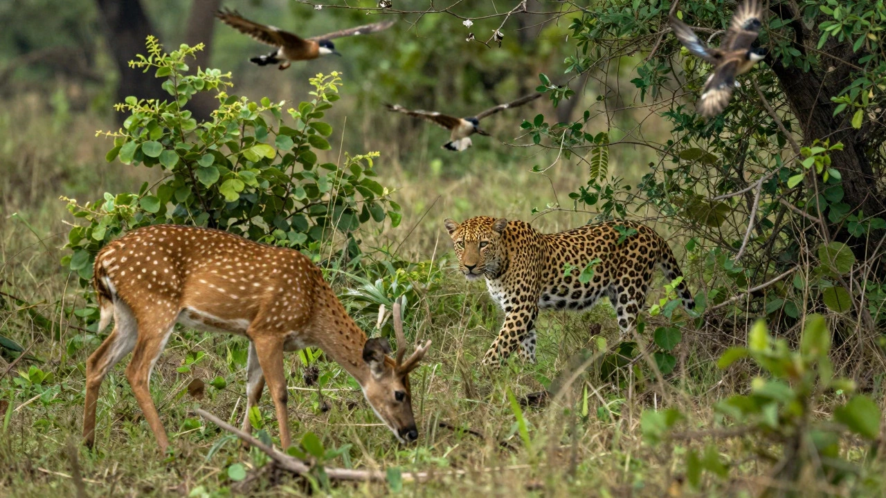 Deer grazing and leopard stalking in jungle showing consumers in food web